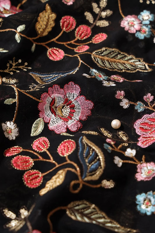 Multi Color Thread With Sequins Floral Heavy Embroidery On Black Viscose Georgette Fabric
