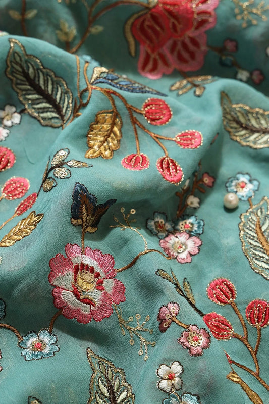 Multi Color Thread With Sequins Floral Heavy Embroidery On Teal Viscose Georgette Fabric