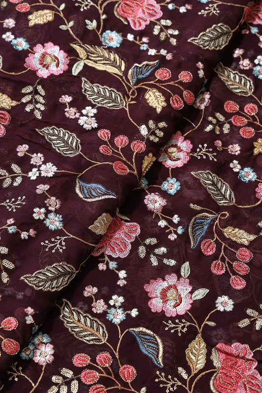 Multi Color Thread With Sequins Floral Heavy Embroidery On Wine Viscose Georgette Fabric