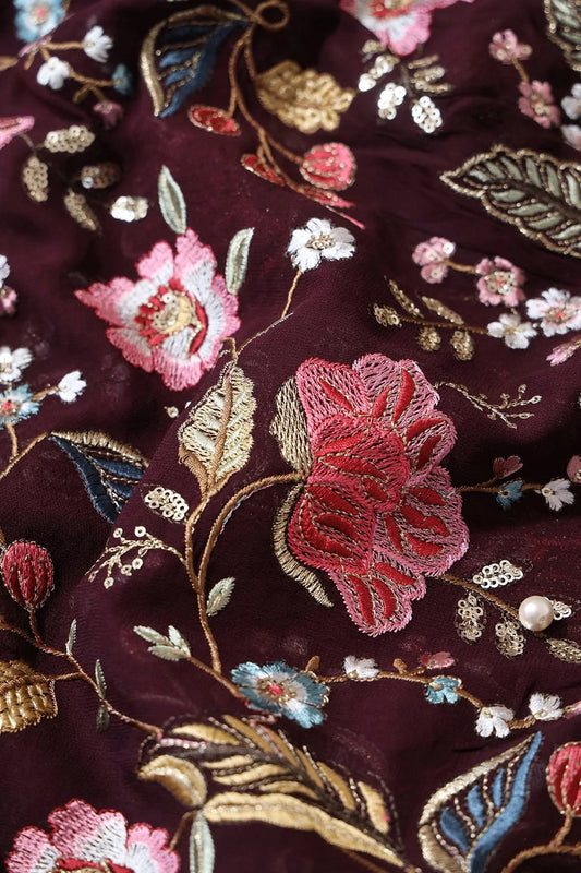 Multi Color Thread With Sequins Floral Heavy Embroidery On Wine Viscose Georgette Fabric