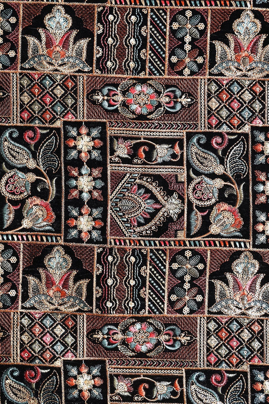 Multi Color Thread With Sequins Traditional Embroidery Work On Black Velvet Fabric