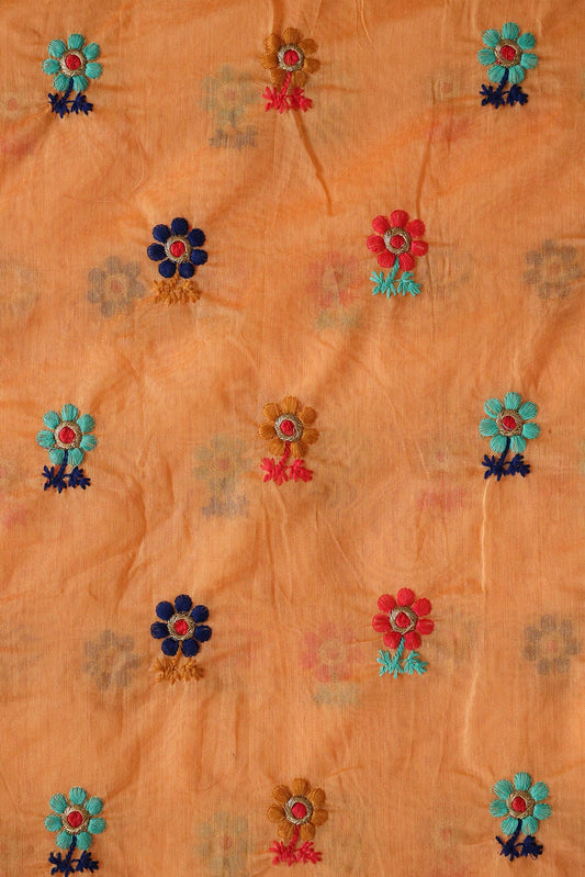 Multi Colour Flower Motif Zari Embroidery On Peach Chanderi Fabric