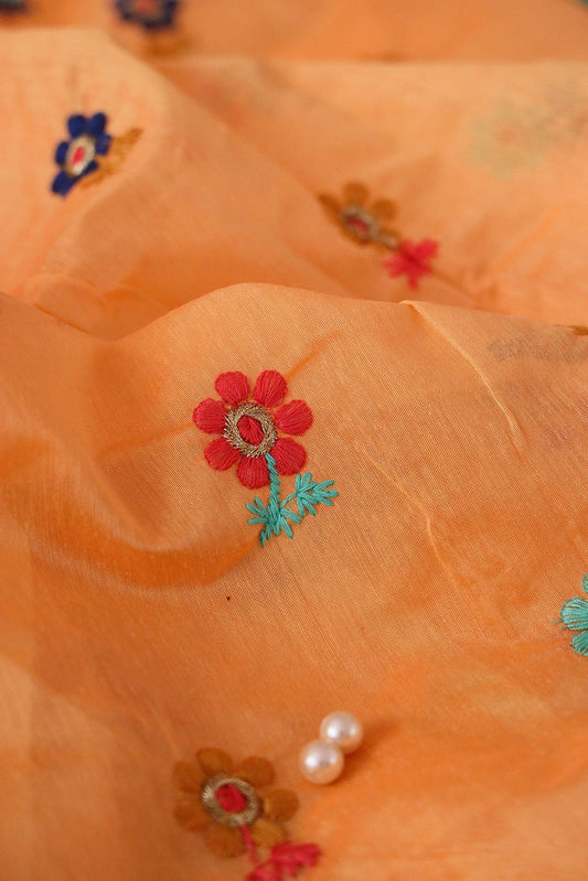 Multi Colour Flower Motif Zari Embroidery On Peach Chanderi Fabric