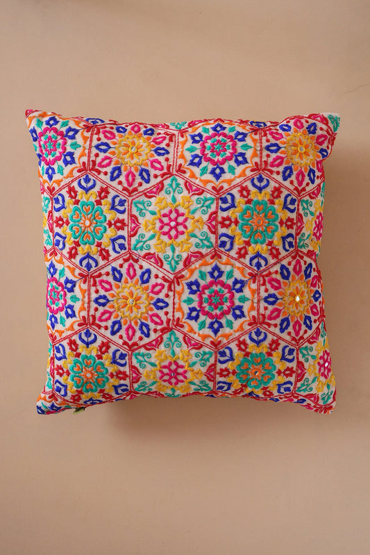 Multi colour Hexagon Embroidery on off white cotton Cushion Cover (16*16 inches)