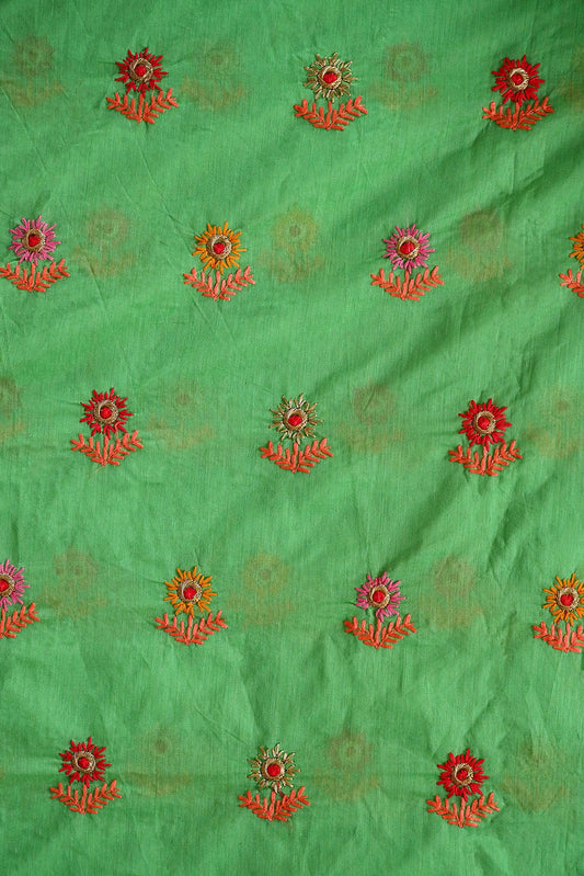 Multi Colour Sun Flower Zari Embroidery on Green Chanderi Fabric