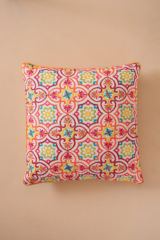 Multi Coloured Embroidery on off white cotton Cushion Cover (16*16 inches)