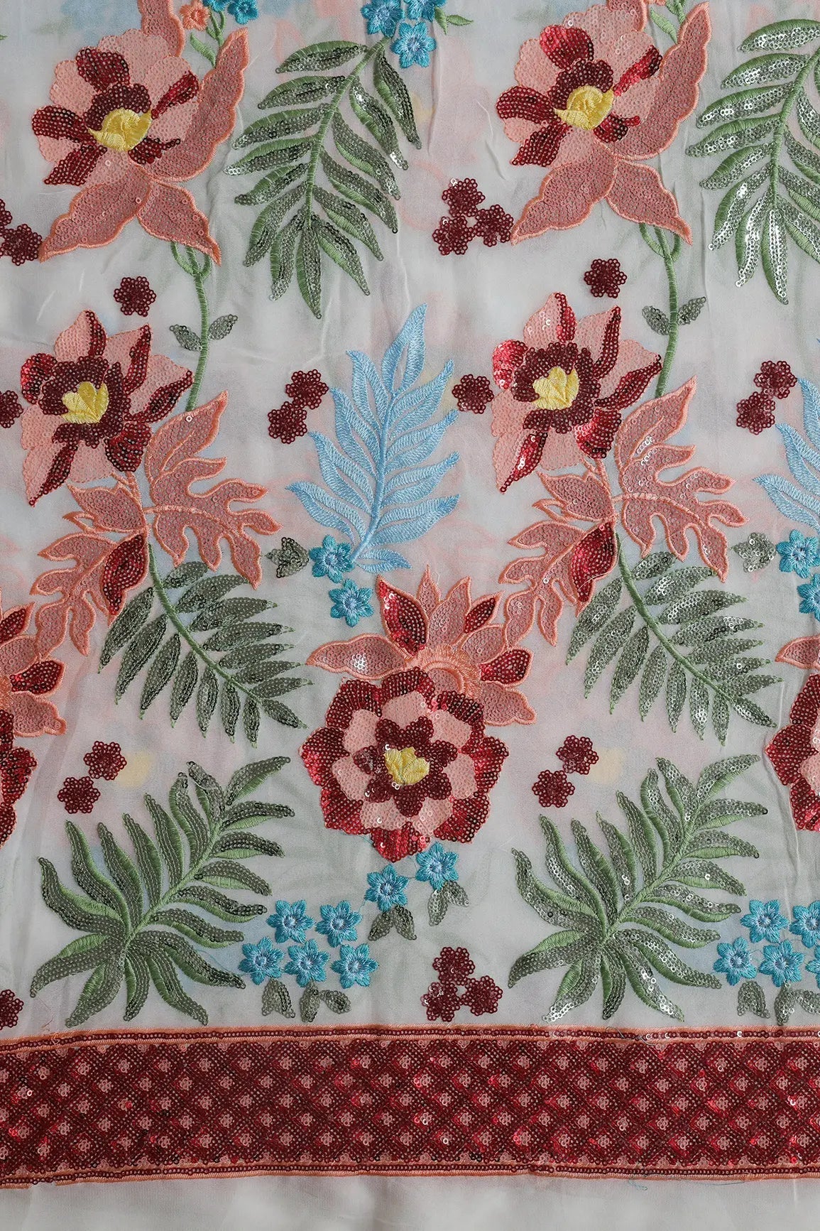 AIzaSyBcstauz-XMPRhEY21AUzeo032pxrXB5Ug - Big Width 56 Multi Sequins With Multi Thread Floral Embroidery On Dyeable White Viscose Georgette Fabric With Border