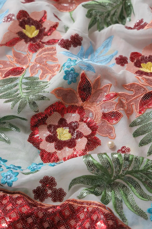 AIzaSyBcstauz-XMPRhEY21AUzeo032pxrXB5Ug - Big Width 56 Multi Sequins With Multi Thread Floral Embroidery On Dyeable White Viscose Georgette Fabric With Border