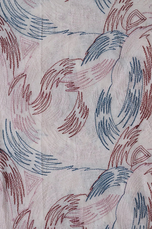 Multi Thread Abstract Embroidery Work On Off White Organic Cotton Fabric
