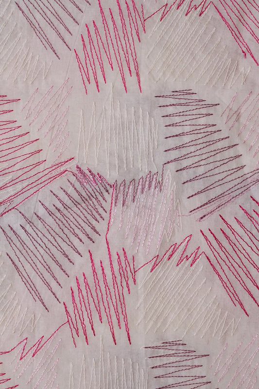 Multi Thread Abstract Embroidery Work On Off White Organic Cotton Fabric