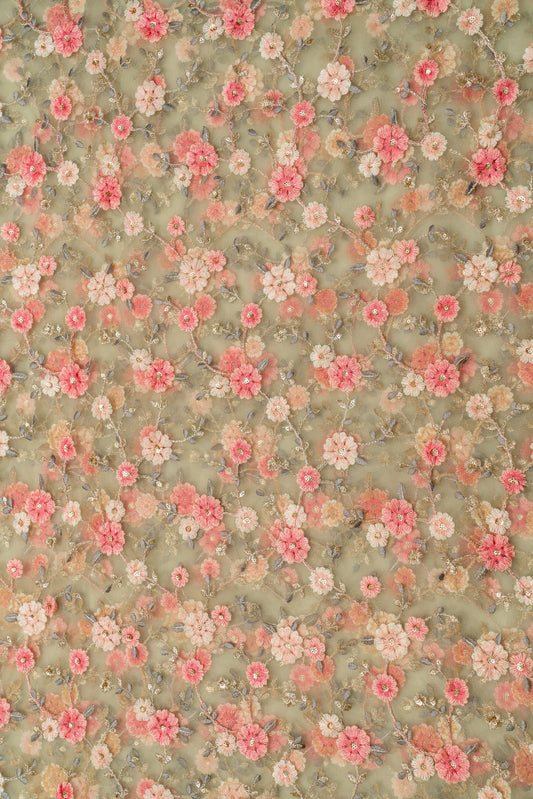 Multi Thread And Sequins Embroidery On Olive Soft Net Fabric