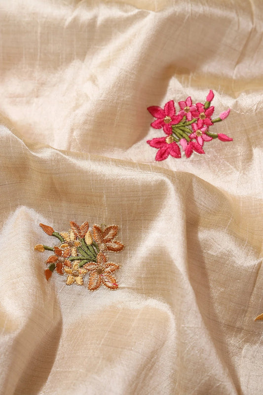Multi Thread Beautiful Floral Embroidery Work On Beige Bamboo Silk Fabric