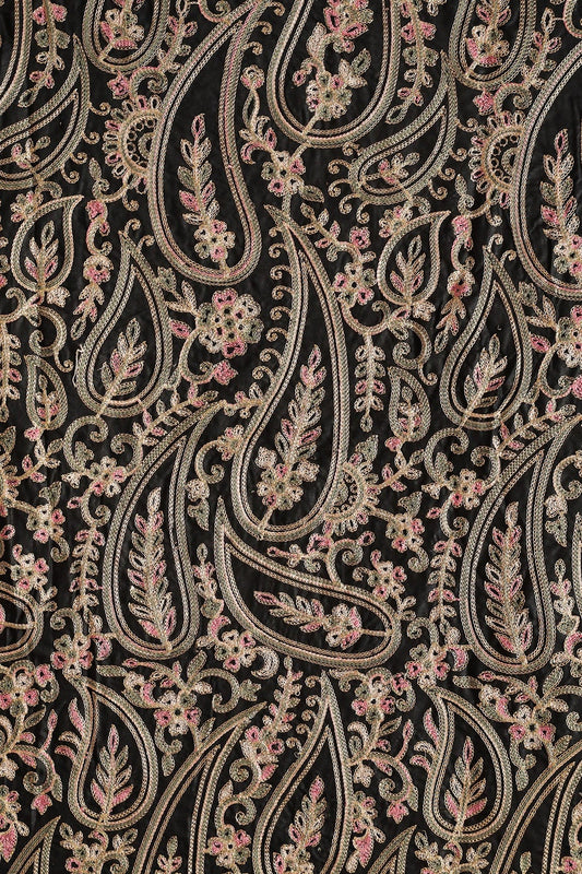 Multi Thread Beautiful Heavy Paisley Kashmiri Embroidery Work On Black Cotton Fabric