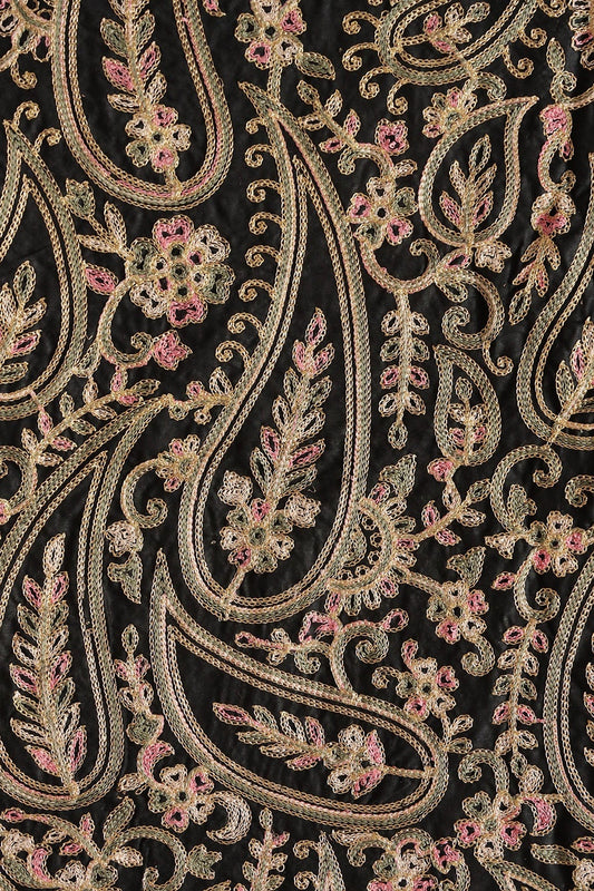 Multi Thread Beautiful Heavy Paisley Kashmiri Embroidery Work On Black Cotton Fabric