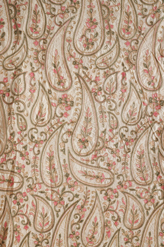 Multi Thread Beautiful Heavy Paisley Kashmiri Embroidery Work On Off White Cotton Fabric