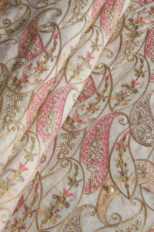 Multi Thread Beautiful Heavy Paisley Kashmiri Embroidery Work On Off White Organic Cotton Fabric