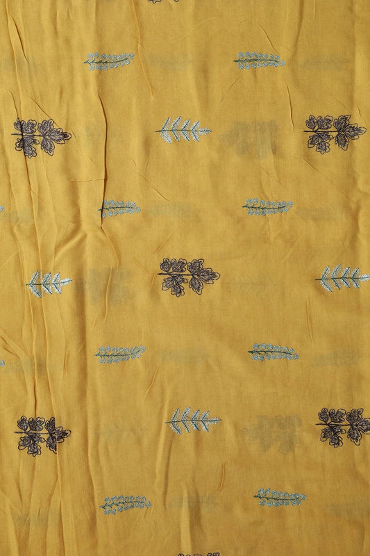 Multi Thread Floral Embroidery On Mustard Muslin Silk Fabric