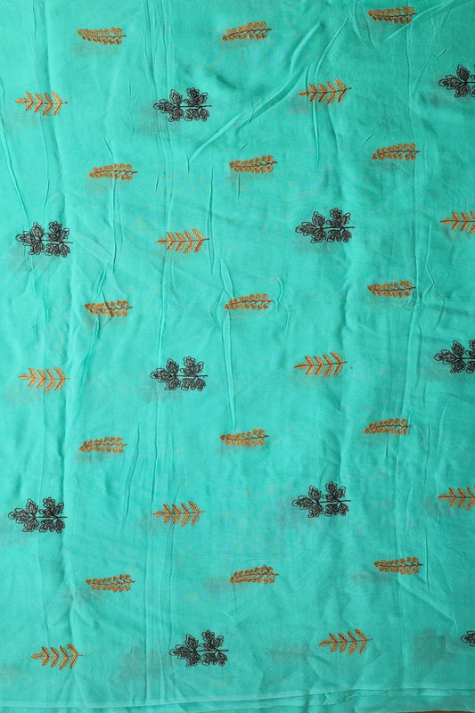Multi Thread Floral Embroidery On Turquoise Muslin Silk Fabric