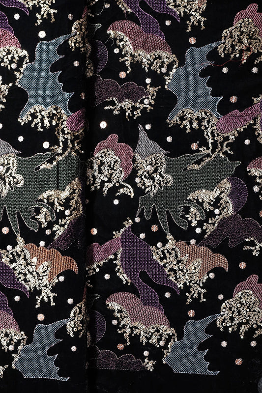 Multi Thread With Gold Sequins Abstract Heavy Embroidery Work On Black Velvet Fabric