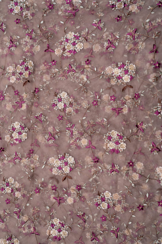 Multi Thread With Gold Sequins Embroidery On Light Brown Soft Net Fabric