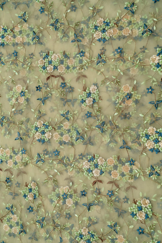 Multi Thread With Gold Sequins Embroidery On Olive Soft Net Fabric
