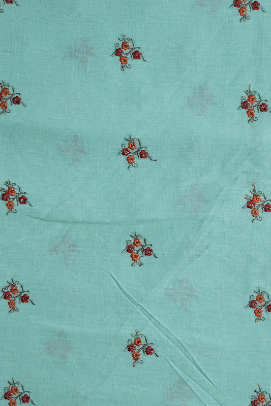 Multi Thread With Gold Sequins Floral Booti Embroidery Work On Sea Green Pure Cotton Fabric