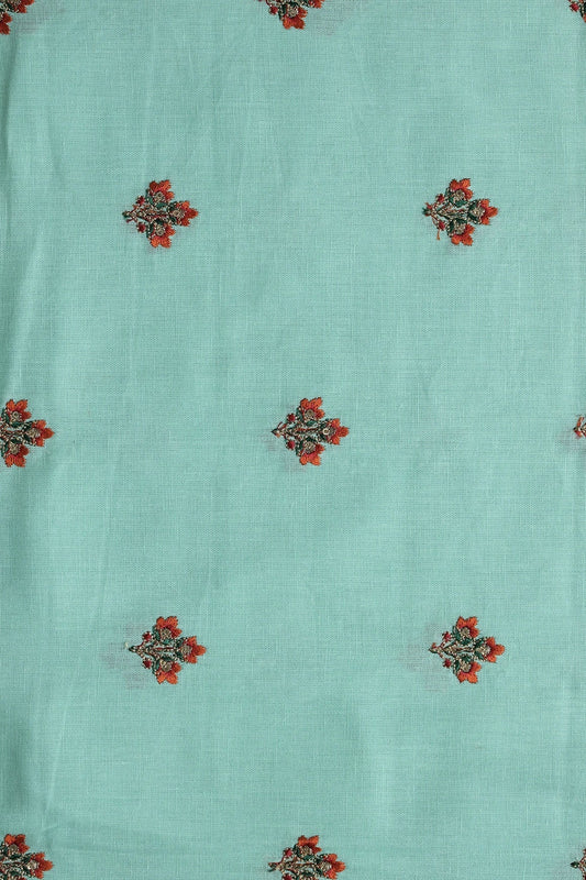 Multi Thread With Gold Sequins Floral Booti Embroidery Work On Sea Green Pure Cotton Fabric