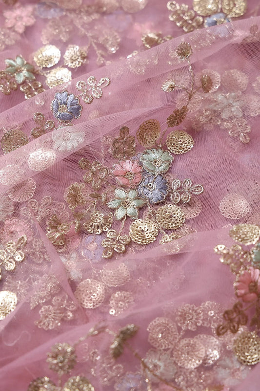 Multi Thread With Gold Sequins Floral Embroidery On Baby Pink Soft Net Fabric