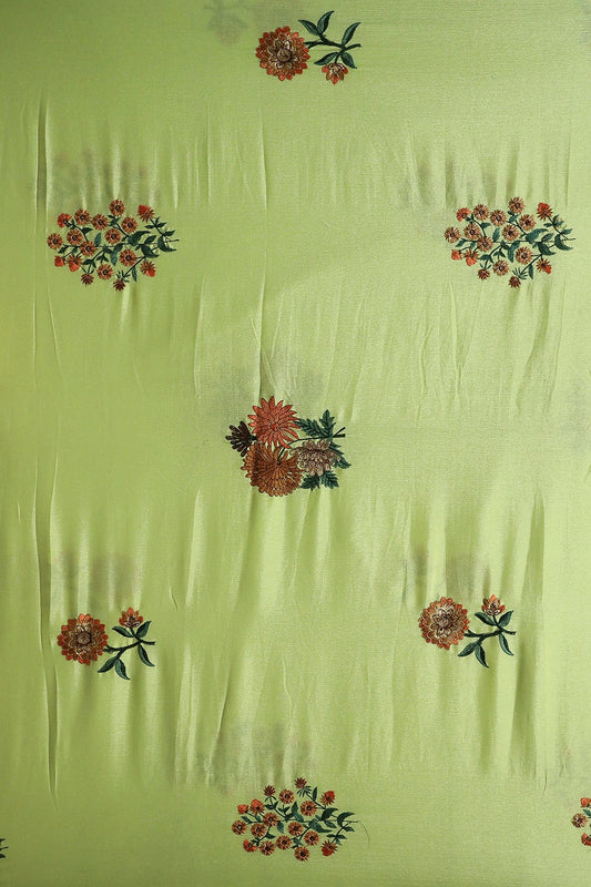 Multi Thread With Gold Sequins Floral Embroidery Work On Parrot Green Chinnon Chiffon Fabric