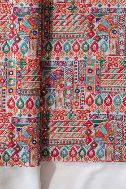 Multi Thread With Gold Sequins Gamthi Embroidery Work On White Georgette Fabric