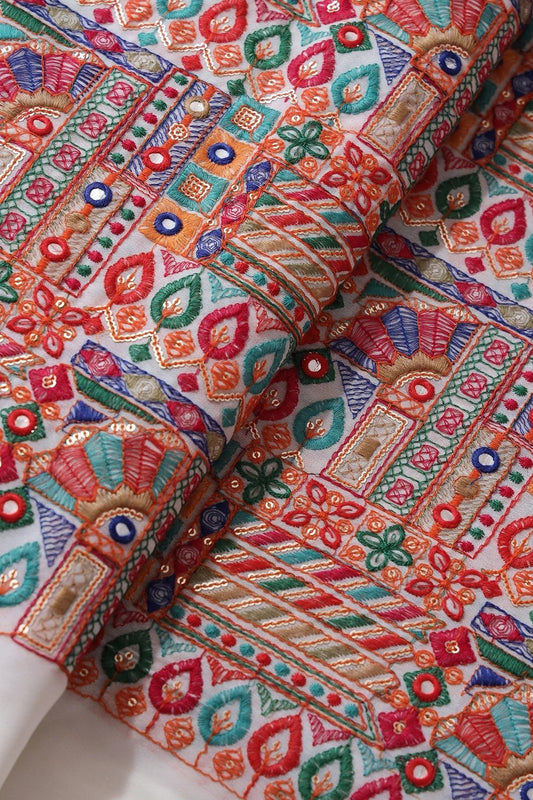 Multi Thread With Gold Sequins Gamthi Embroidery Work On White Georgette Fabric