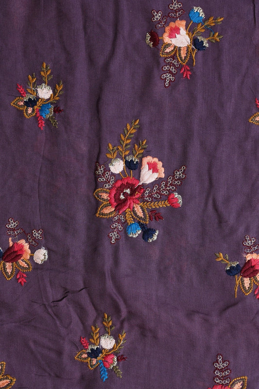 Multi Thread With Gold Zari Floral Embroidery On Purple Muslin Silk Fabric
