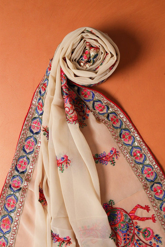 Multi Thread With Gold Zari Floral Embroidery Work On Beige Georgette Dupatta With Border