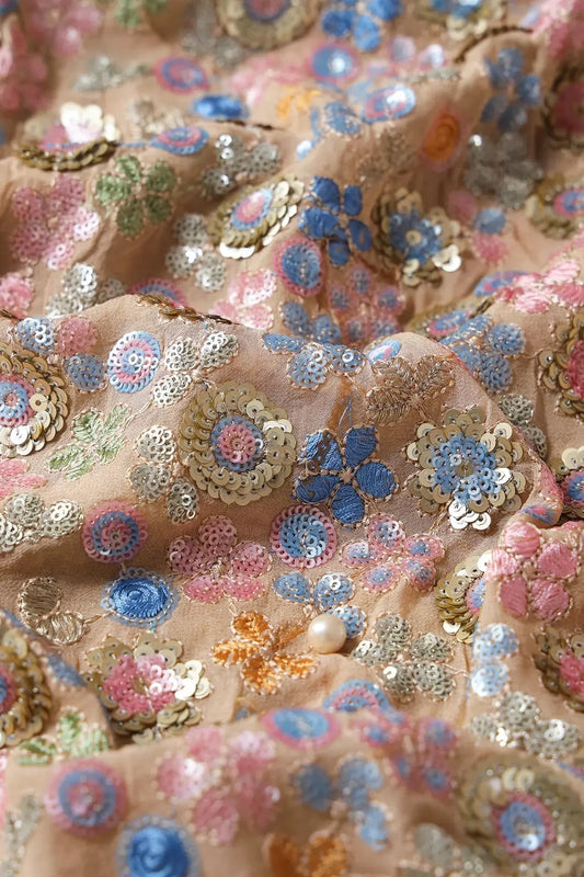 Multi Thread With Multi Sequins Floral Embroidery On Beige Viscose Georgette Fabric