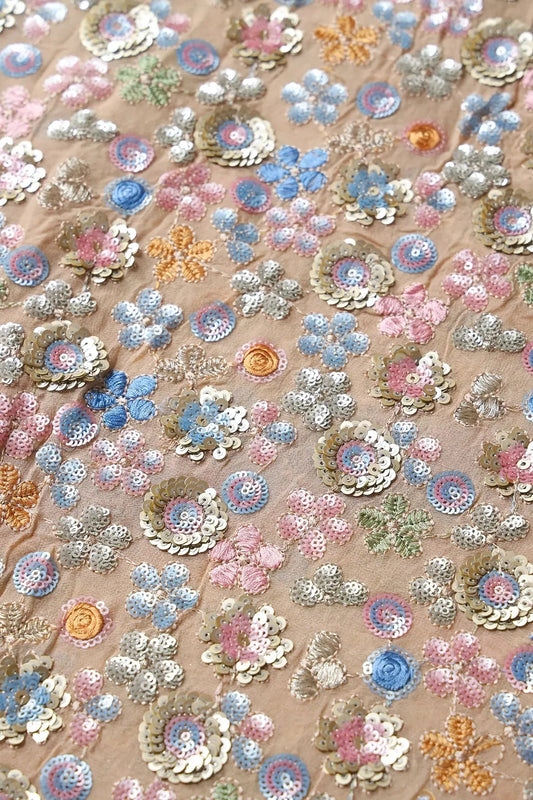 Multi Thread With Multi Sequins Floral Embroidery On Beige Viscose Georgette Fabric