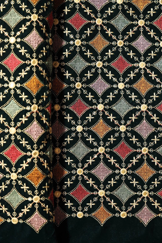 Multi Thread With Sequins Geometric Embroidery Work On Bottle Green Velvet Fabric