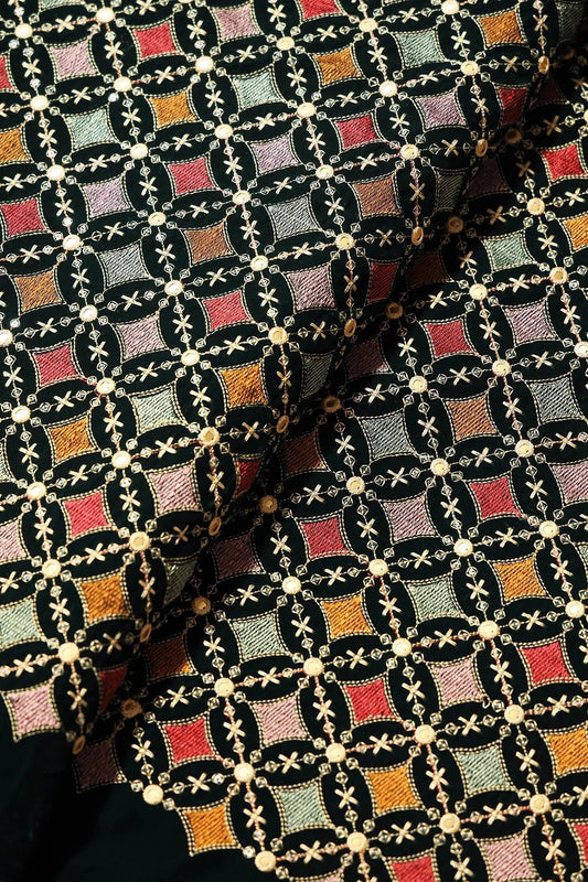 Multi Thread With Sequins Geometric Embroidery Work On Bottle Green Velvet Fabric