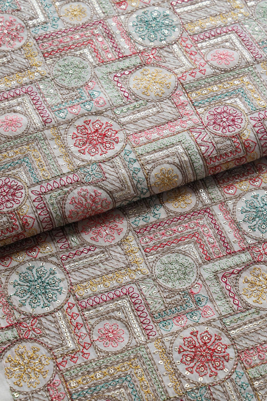 Multi Thread With Zari And Gold Sequins Geometric Embroidery On Off White Organic Cotton Fabric