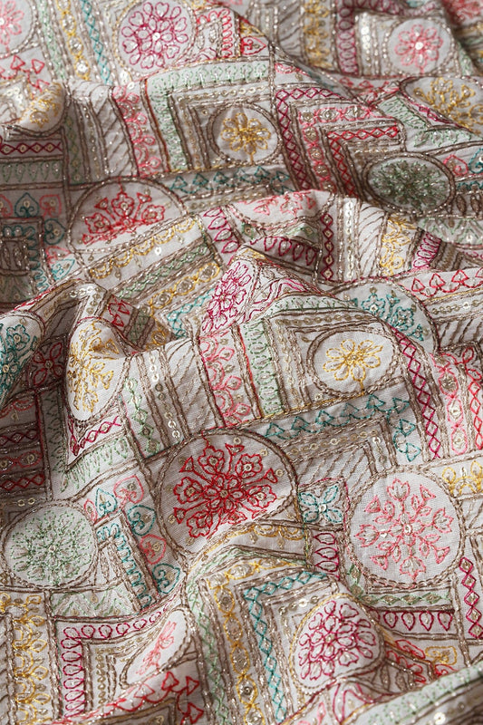 Multi Thread With Zari And Gold Sequins Geometric Embroidery On Off White Organic Cotton Fabric