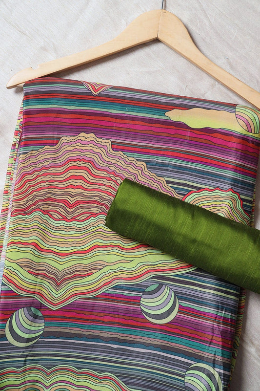 Multicolor And Dark Olive Saree set (2 Piece)