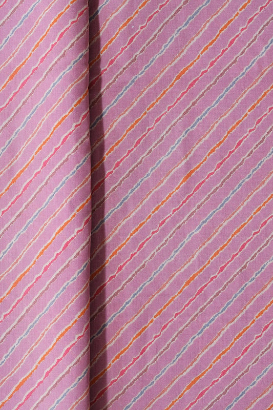 Multicolor Stripes Print On Lavender Pink Viscose Chanderi Silk Fabric