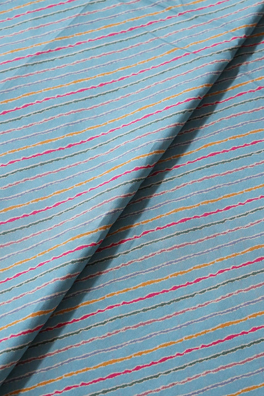 Multicolor Stripes Print On Sky blue Viscose Chanderi Silk Fabric