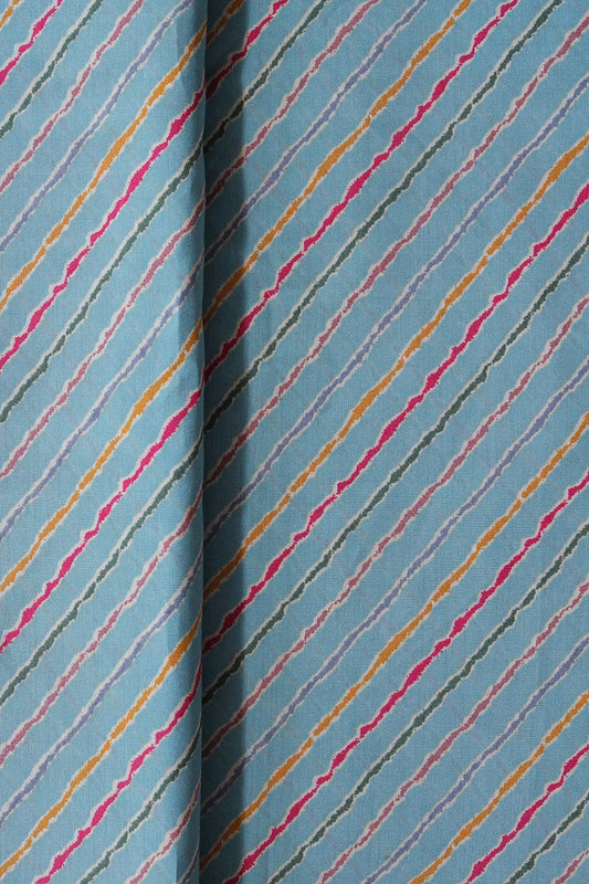 Multicolor Stripes Print On Sky blue Viscose Chanderi Silk Fabric