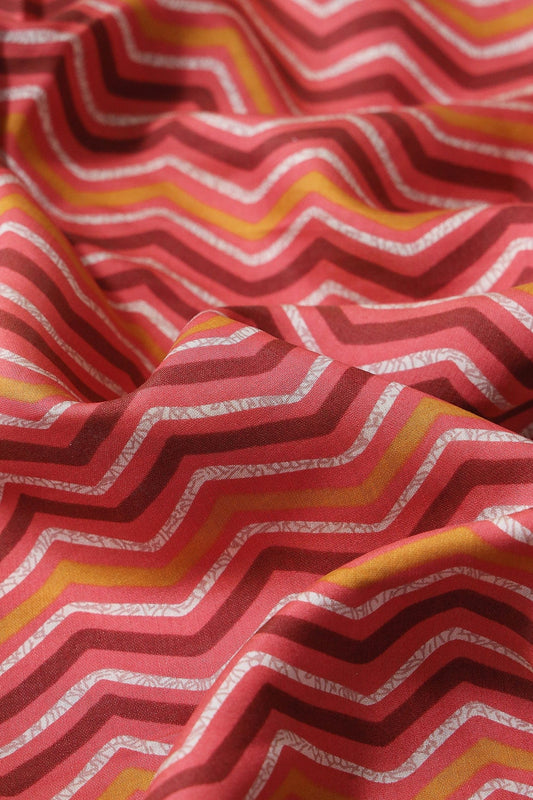 Mustard And Off White Chevron Print On Pink Viscose Chanderi Silk Fabric