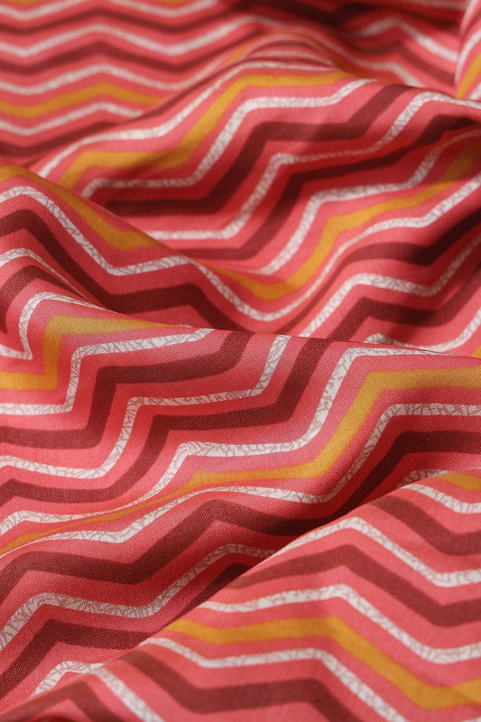 Mustard And Off White Chevron Print On Pink Viscose Chanderi Silk Fabric