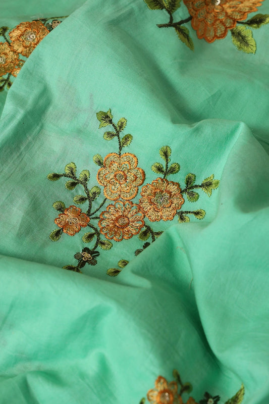Mustard And Olive Thread Small Floral Embroidery Work On Sea Green Organic Cotton Fabric