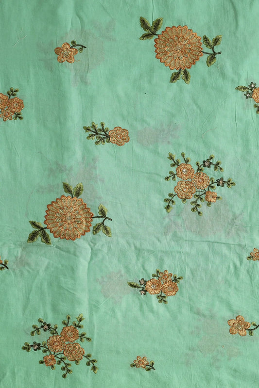 Mustard And Olive Thread Small Floral Embroidery Work On Sea Green Organic Cotton Fabric