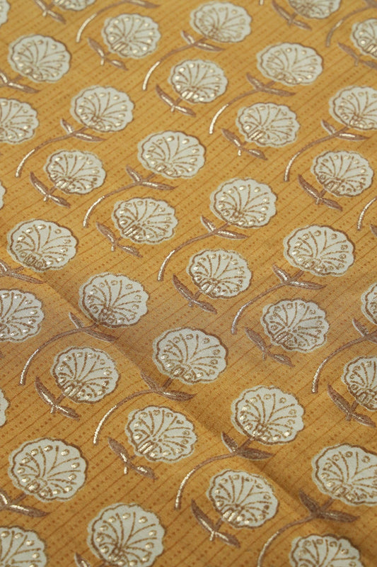 Mustard Yellow And Cream Floral Foil Print On Viscose Chanderi Silk Fabric