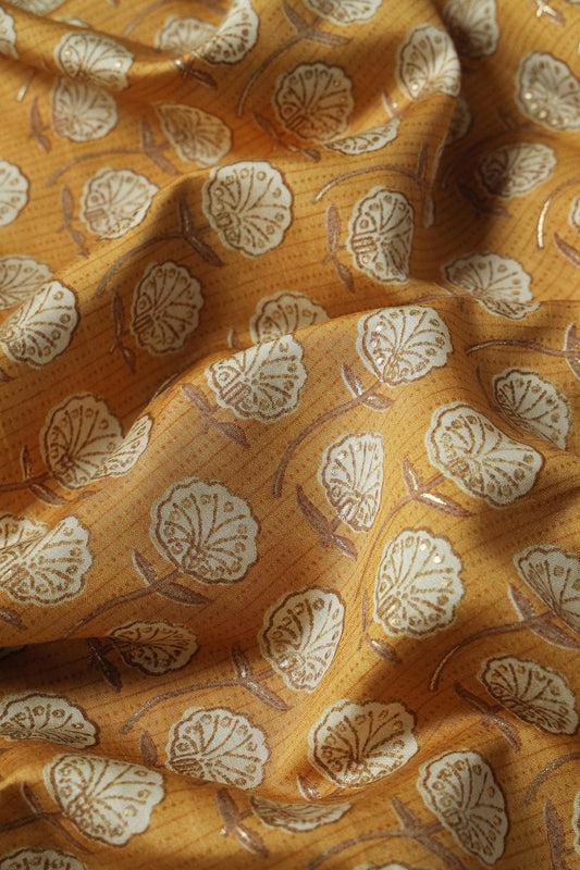 Mustard Yellow And Cream Floral Foil Print On Viscose Chanderi Silk Fabric