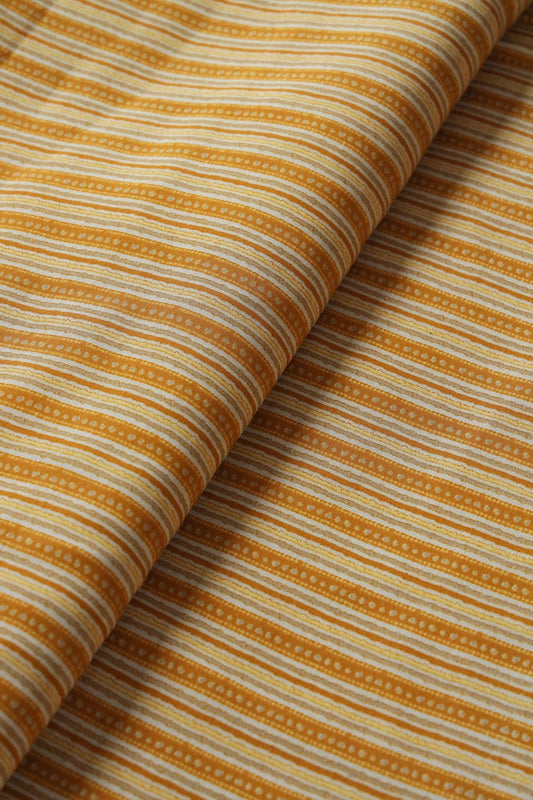 Mustard Yellow And Cream Stripes Print On Viscose Chanderi Silk Fabric